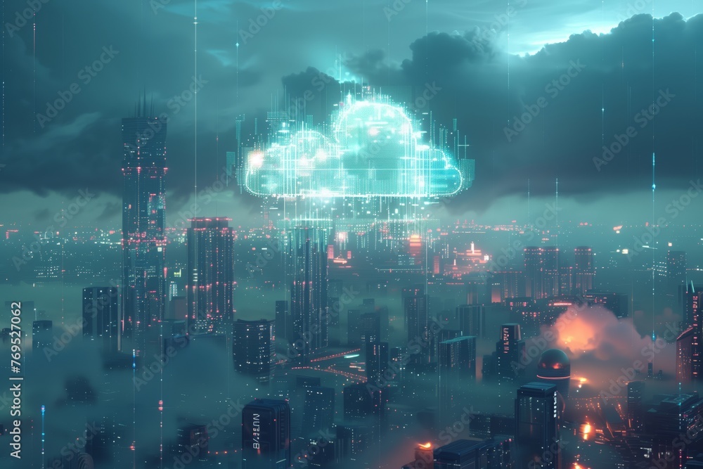 Cloud Computing Concept in a Smart City. Conceptual depiction of cloud computing above a modern cityscape, highlighting smart city infrastructure. Cloud Computing Concept in a Smart City. Conceptual depiction of cloud computing above a modern cityscape, highlighting smart city infrastructure.