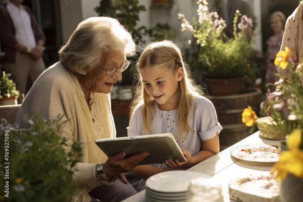 Young girl showing something on tablet to elderly grandmother at garden party. Love and closeness between grandparent and grandchild. - obrazy, fototapety, plakaty 