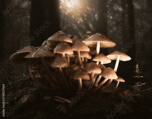A cluster of mushrooms in a dark forest, emitting a soft, bioluminescent glow that illuminates the surrounding area.