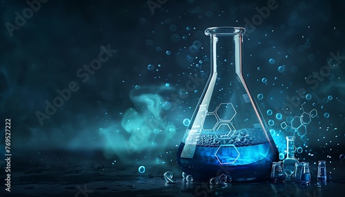 Blue Chemical Experiment, Glass Flask with Formula on Dark Background