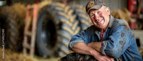 A cheerful farmer leans on the tire of a barn in this portrait