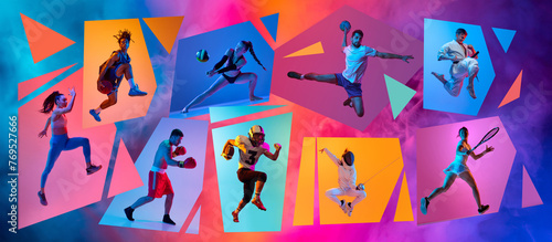 Fototapeta Naklejka Na Ścianę i Meble -  Dynamic creative collage made with different athletes, men and women training different kind of sport onmulticolored background in neon. Concept of professional sport, competition, championship, game