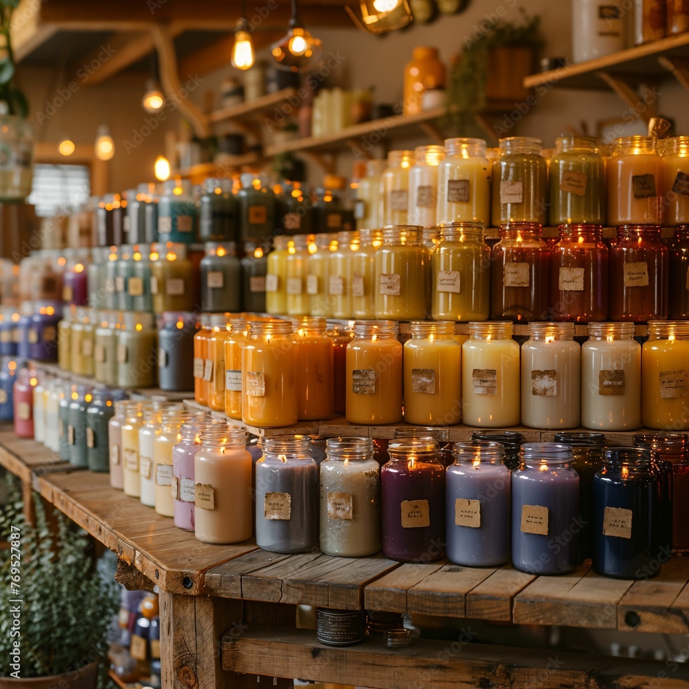 Handmade candle studio, array of scents and colors, crafting process, cozy atmosphere