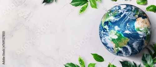 Design with globe map drawing and leaves isolated on white background for Earth Day 2023.
