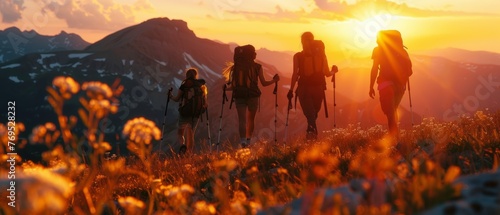 During sunset, four young hikers with backpacks stroll through a mountain landscape