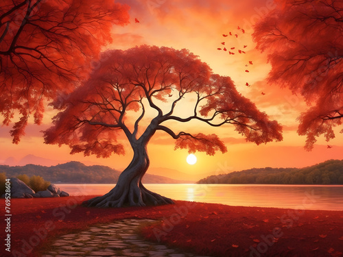 Experience the enchantment of a romantic sunset setting adorned with a scarlet heart tree and autumn foliage design.