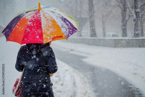 person walking with a bright umbrella in heavy snowfall © primopiano