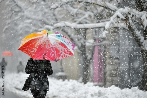 person walking with a bright umbrella in heavy snowfall