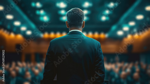 A professional speaker stands with confidence as he prepares to address an engaged audience at a formal conference event.