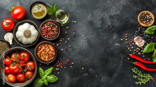 A black background with a variety of spices and vegetables. The spices include garlic, basil, and pepper © Дмитрий Симаков