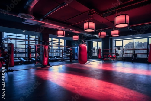Spacious gym with panoramic windows and many red punching bags for boxing training.