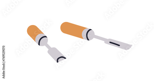 Chisels, woodwork tool. Carpentry, joinery instrument for planing, carving. Manual carver, planer. Wood cutting, processing equipment. Flat graphic vector illustration isolated on white background