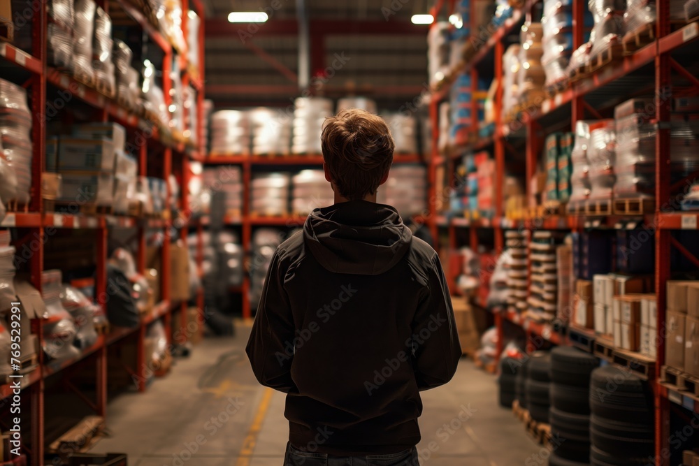 Overseeing Warehouse Operations from the Aisle. Rear view of a warehouse supervisor overseeing the aisles of stocked shelves, ensuring efficient operation and organization. Overseeing Warehouse Operations from the Aisle. Rear view of a warehouse supervisor overseeing the aisles of stocked shelves, ensuring efficient operation and organization.
