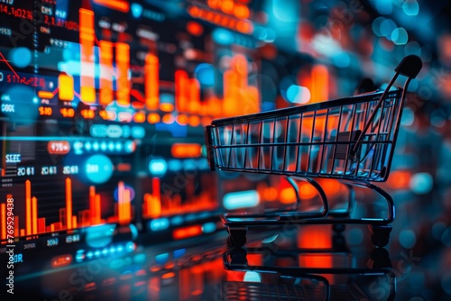 E-commerce Concept with Cart and Stock Market Graphics. Conceptual image of a shopping cart against a backdrop of stock market analytics, representing online commerce trends.