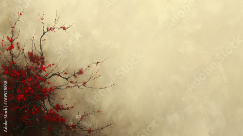 A painting of a tree with red leaves and branches. The background is a light color and the tree is the main focus of the painting