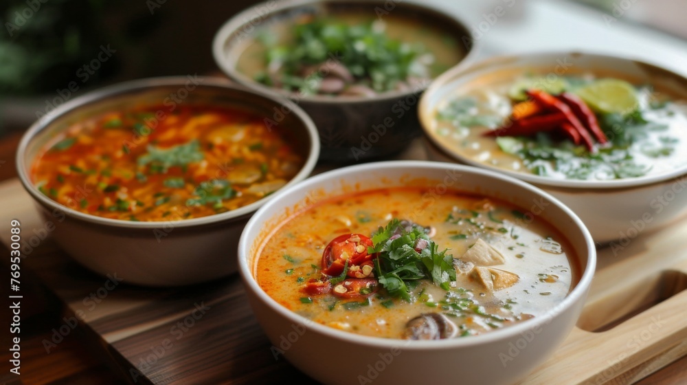 Three Bowls of Soup on Cutting Board Three Bowls of Soup on Cutting Board