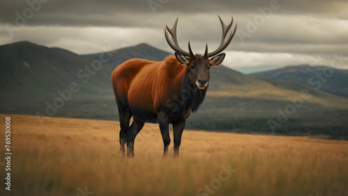 Majestic Moose Scouting Over A Field, Cinematic Wildlife Style, Copy Space For Text Or Logo Etc. 16:9 300 DPI Wallpaper Background © Torben Iversen