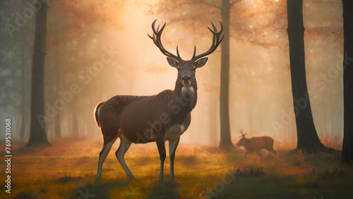 Majestic Deer Scouting Over Field In A Sunset, Cinematic Wildlife Style, Copy Space For Text Or Logo Etc. 16:9 300 DPI Wallpaper Background © Torben Iversen