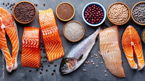 A variety of fish and vegetables are displayed on a counter. The fish include salmon and trout, while the vegetables include beans, peas, and rice. Concept of health and wellness