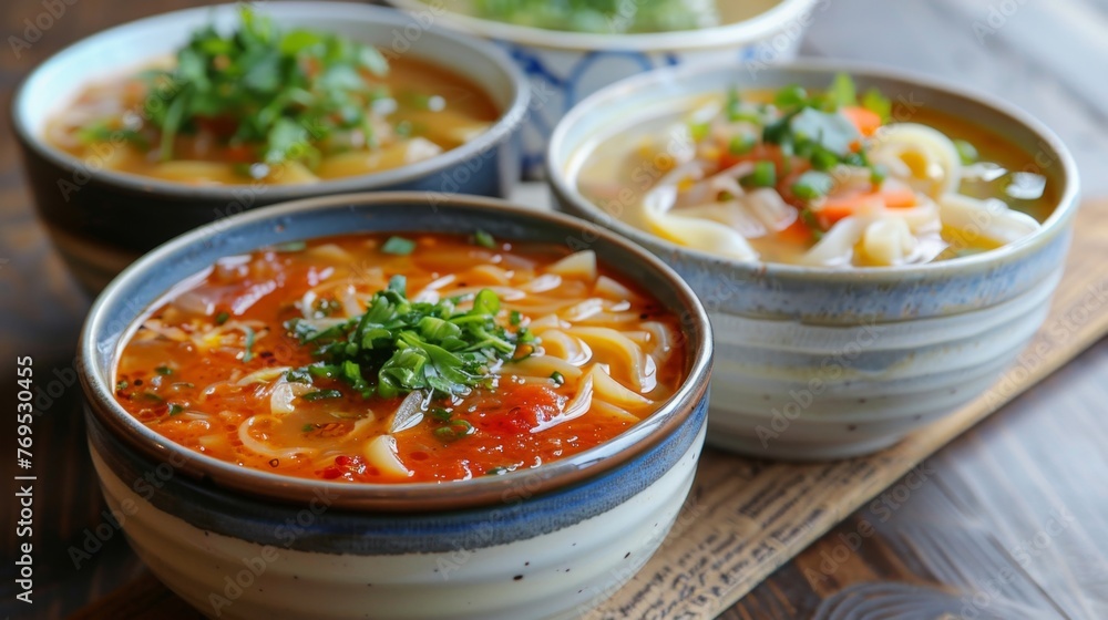 Three Bowls of Soup on a Wooden Table Three Bowls of Soup on a Wooden Table