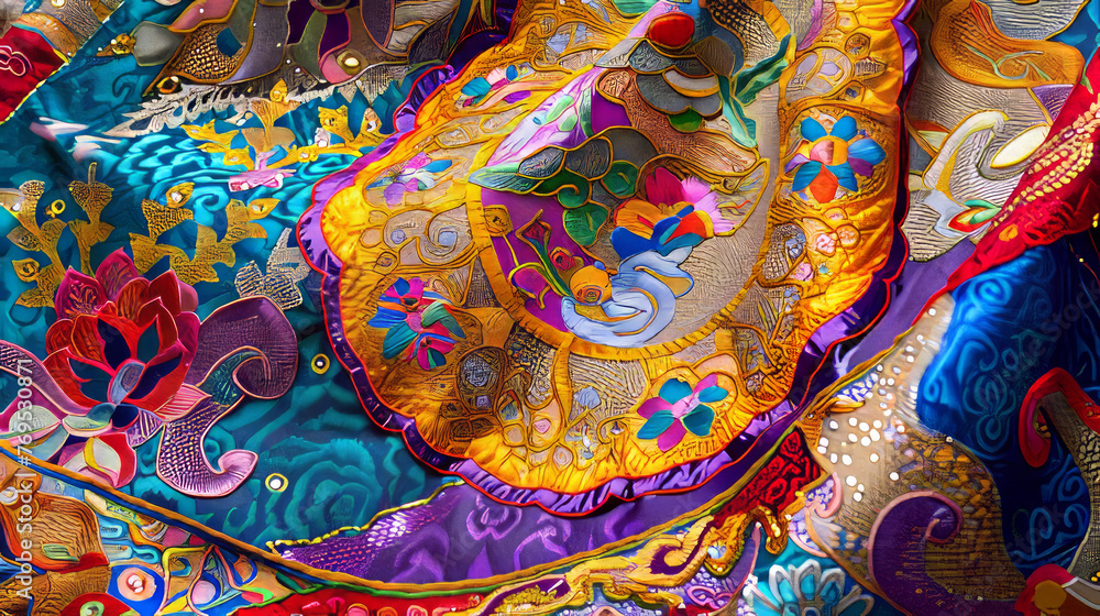 Close-up of colorful Asian fabric with detailed embroidery and patterns in a textile market