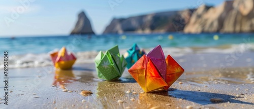 Work-life balance concept featuring an origami fortune teller at the beach photo