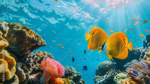 Yellow butterfly fish swim in the blue sea, colorful coral reefs on both sides, high definition photography photos in the style of nature