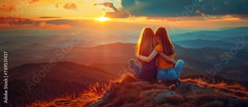 Hugging friends looking at the Carpathians mountains. Girls watching sunset from the top of the mountain. photo
