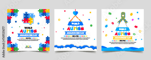 World autism awareness day social media post banner template set. Symbol of autism, World Awareness Day card. 2 April photo