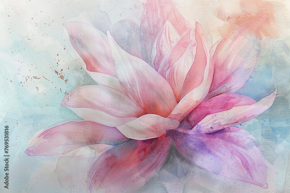 Hand-drawn, watercolor depiction of a random flower in pastels, showcasing delicate petal textures in a close-up composition. Hand-drawn, watercolor depiction of a random flower in pastels, showcasing delicate petal textures in a close-up composition.