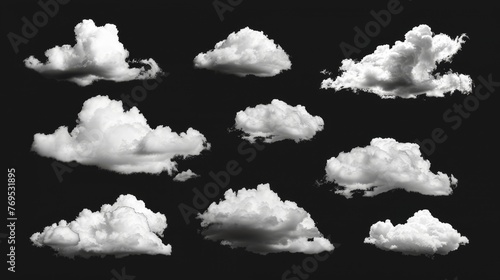 The collection of white clouds is isolated on a black background