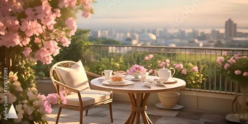 Picturesque balcony setting with floral decor, a round table with morning tea, overlooking the city 4K Video photo