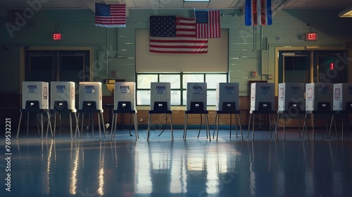 Interior of an empty polling place in the US. Row of empty white voting booths with American flags at the ballot station. Elections in the USA, democracy concept