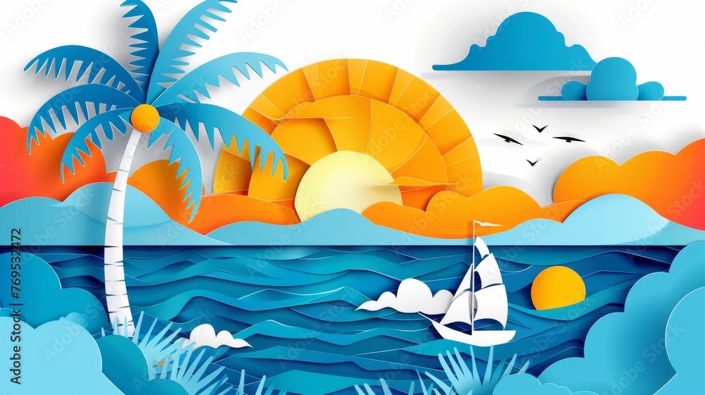 An Origami World with Cutting Birds, Ships, Palm Trees, Clouds and Sun. Cutout made template with Elements and Symbols. VECTOR Illustrations Art Design for Banners, Cards, Posters.