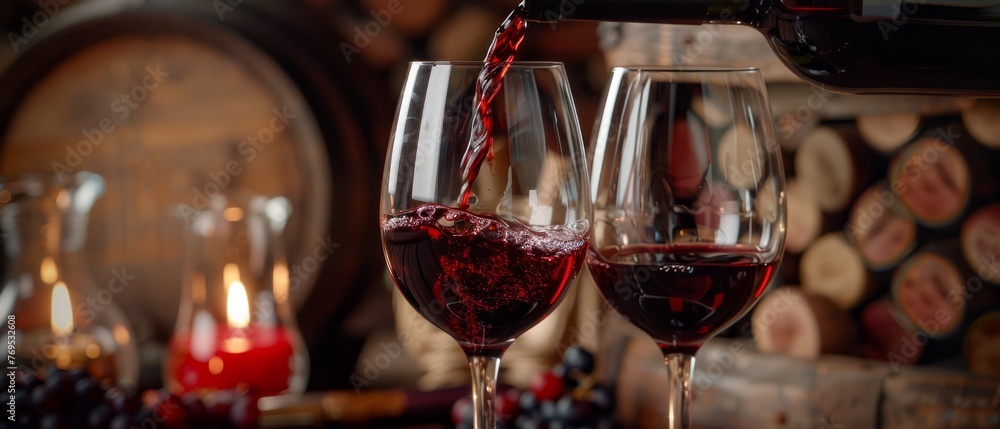 A red wine glass is poured from a bottle: wine tasting and celebration