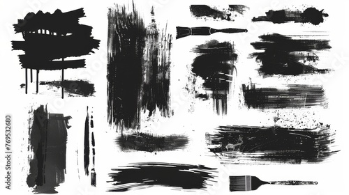 Various black paint, ink brush strokes, brushes, lines, grungy. Rough, grungy artistic design elements. Isolated on white background. Freehand drawing.