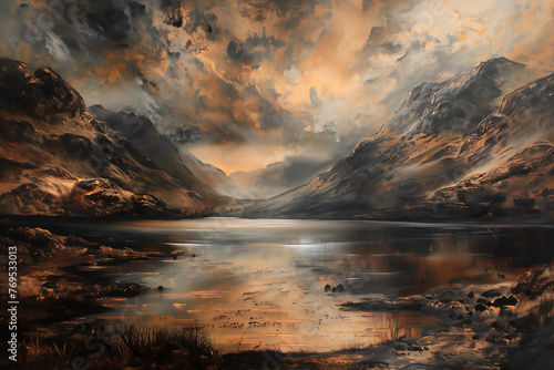 Watercolour oil painting of a mountain landscape typical of the Scottish highlands with an autumn fall scenic lake and a dramatic moody cloudy sky, stock illustration image © Tony Baggett