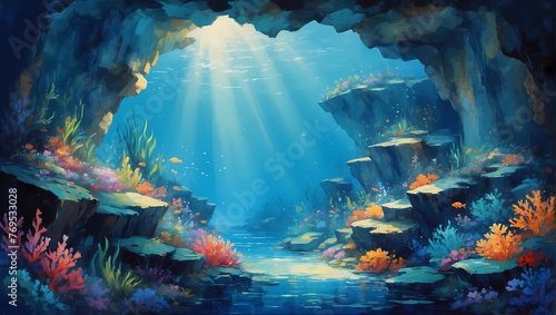 Sea Cave Serenity: Blue and yellow hues blend underwater, forming a tranquil cave beneath the ocean surface