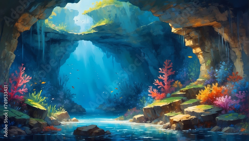 Sea Cave Serenity: Blue and yellow hues blend underwater, forming a tranquil cave beneath the ocean surface