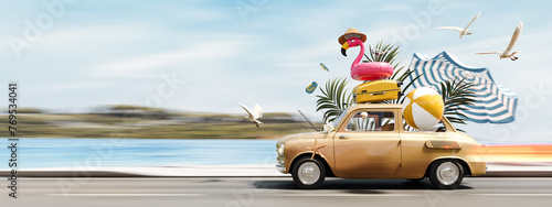 Brown retro car with luggage and beach accessories in a rush for summer vacation. Summer travel concept background. 3D Rendering, 3D Illustration
