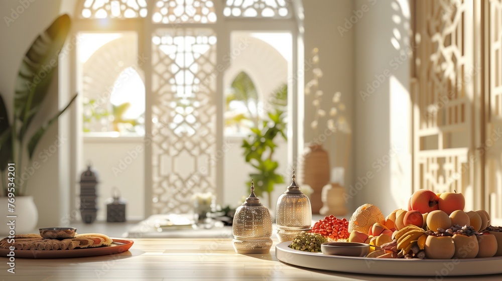 Minimalistic Eid al-Fitr celebration. The scene subtly suggests the joyous occasion with a hint of Islamic symbolism.