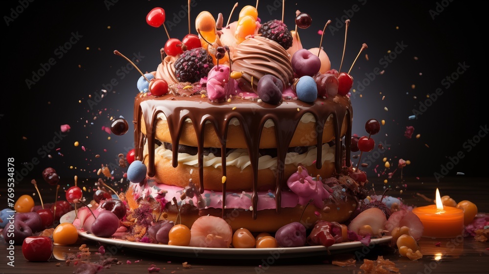 An over-the-top explosion cake interior with candy, caramel and sprinkles bursting forth.