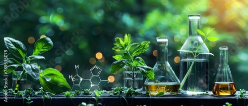 On a green background, biology laboratory plants with biochemistry structure and chemical formula.