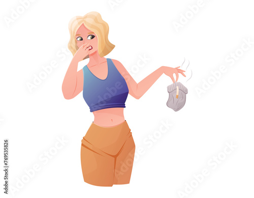 Young woman, mother holding a smelly used baby diaper, pinching her nose with her hand in disgust. Vector isolated cartoon illustration.