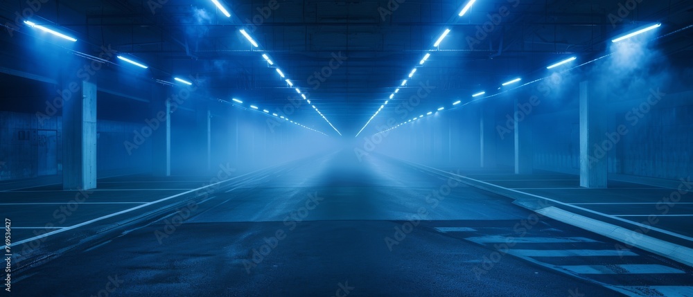 The asphalt floor and studio room with smoke float up the interior texture. A dark empty street. dark blue background.