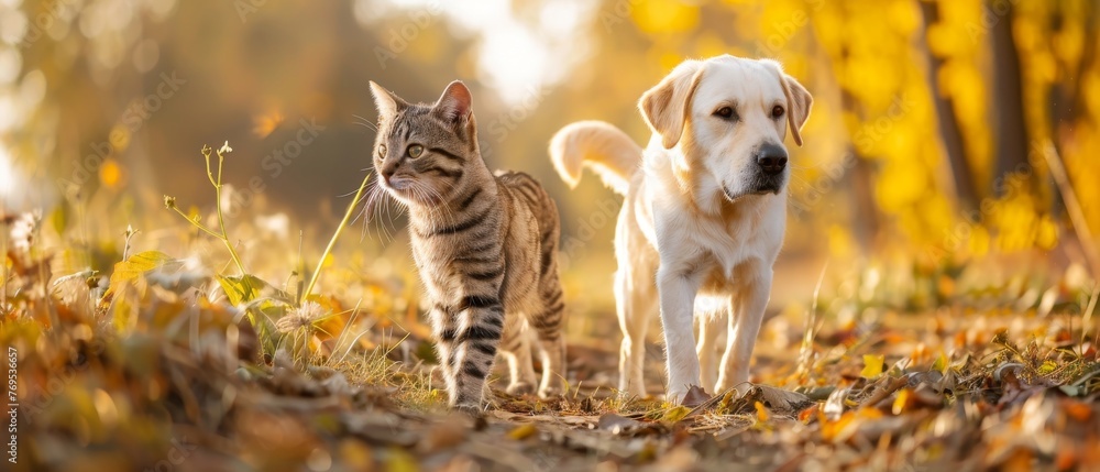 An adorable striped cat and a cheerful dog stroll in a sunny spring field - obrazy, fototapety, plakaty 