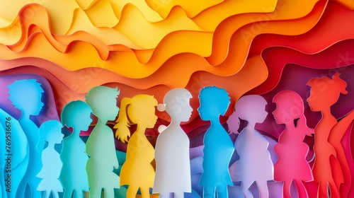 Children crowd illustration in layered abstract papercut style. School student or education concept silhouette. Modern 3D papercut design of a crowd of children. © Zaleman
