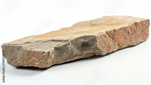 Against a white background, a rock shelf is shown in a wide angle perspective with a close focus on the natural stone detail.