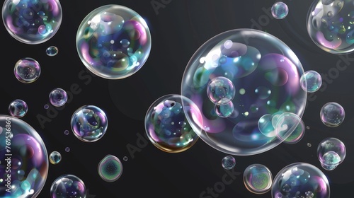 A collection of realistic soap bubbles. These bubbles are located on a transparent background. They are moderns with flying soap bubbles.
