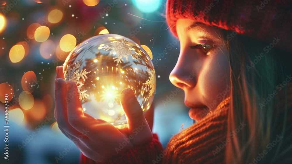 Naklejka premium A woman with long dark hair holding a crystal ball in her hands
